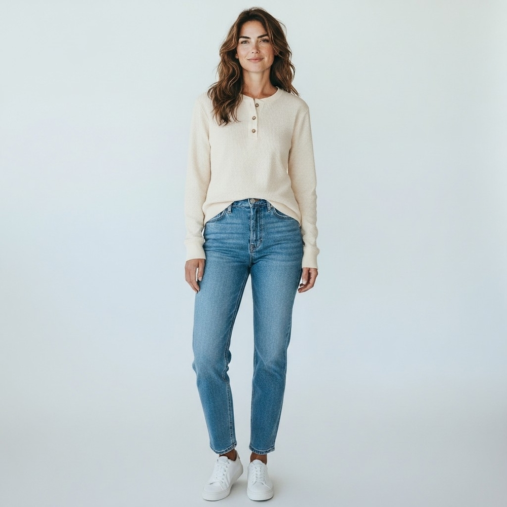 Old Navy Women's White Waffle Knit Henley Top